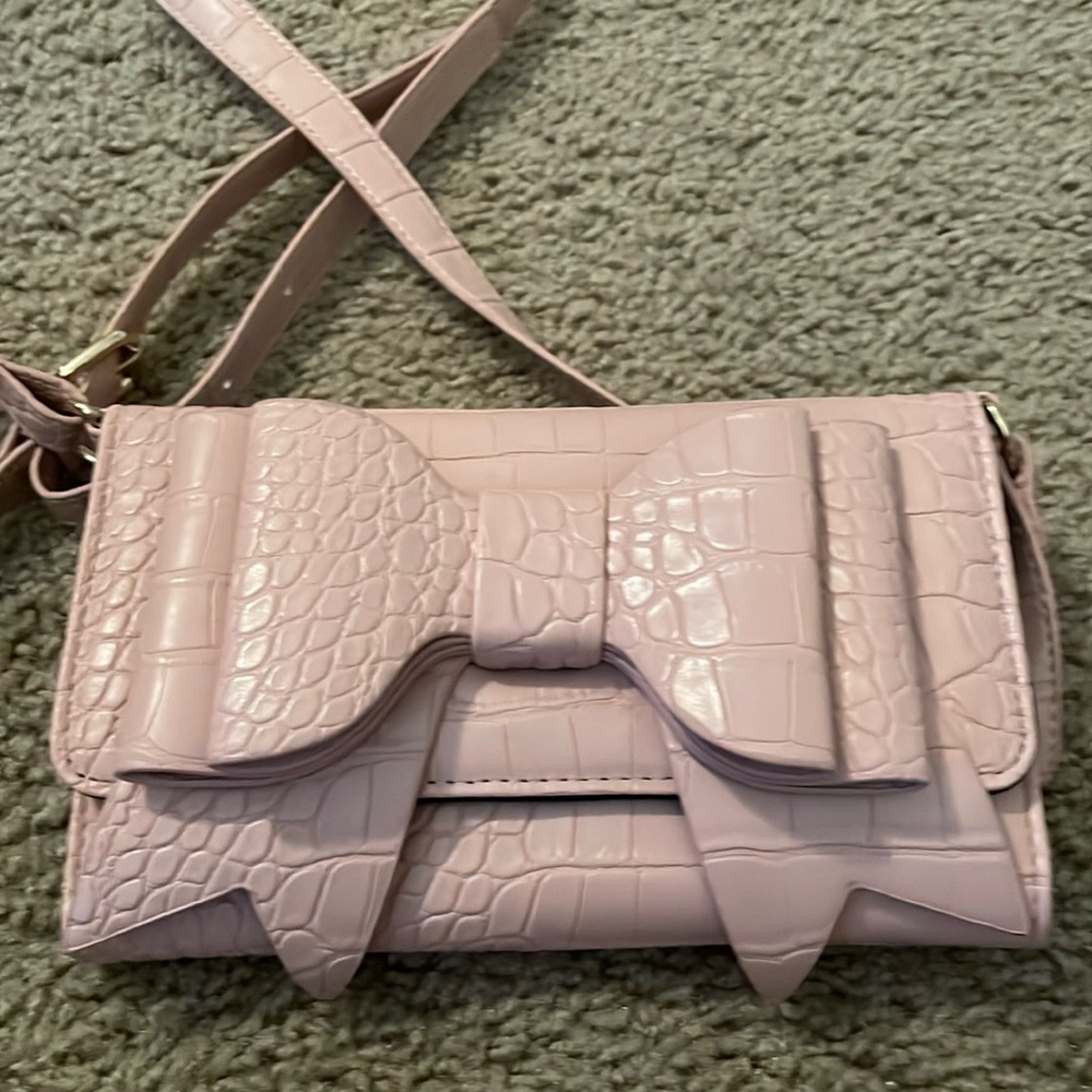 Betsey Johnson Pale Pink Croc-Embossed Mini Bow Crossbody Bag